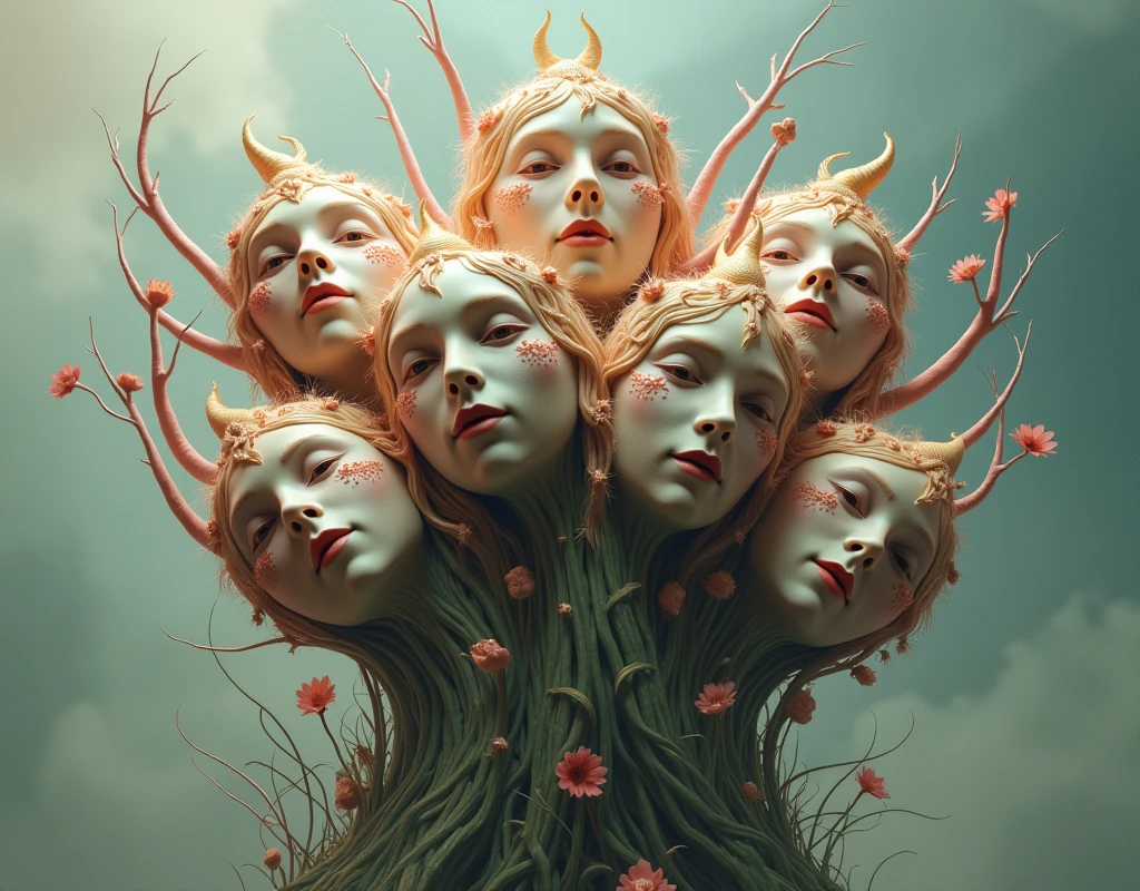 5 non realistic people face made up a flower shape