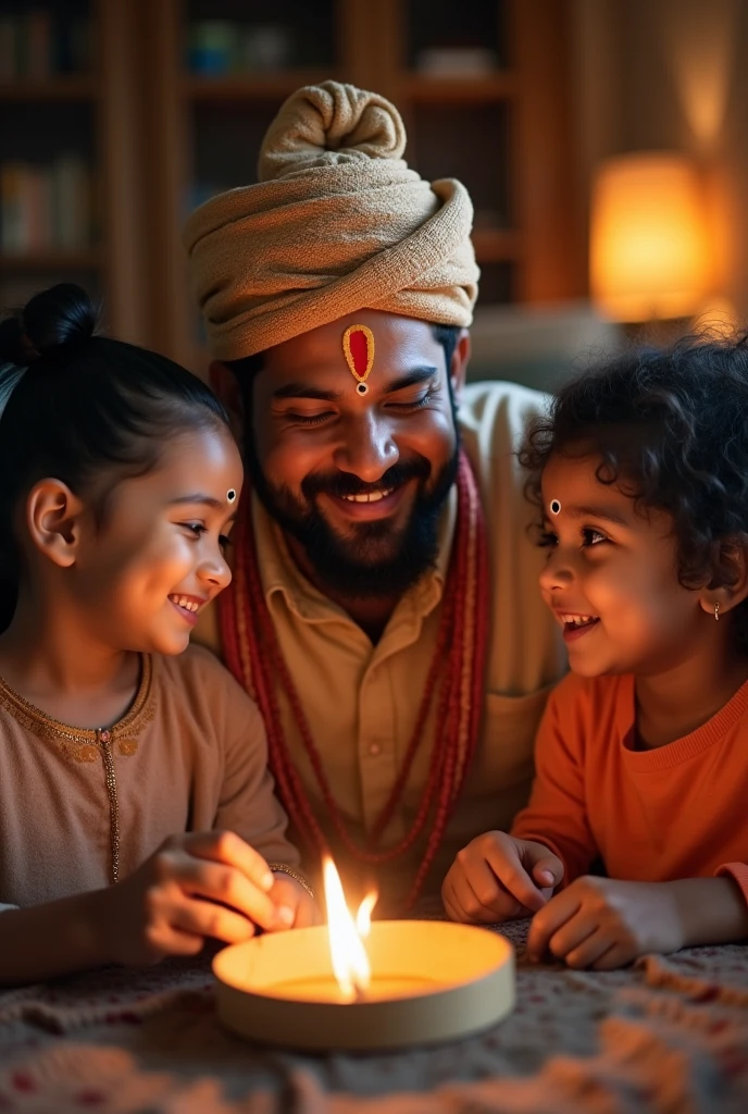 Photograph of a hindu nepali father wearing dhaka topi and tika celebrating fathers day with their kids indoor