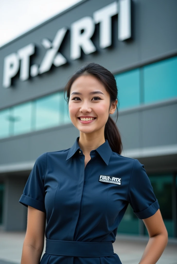 a beautiful staff woman wearing fastRX cargo uniform with the logo fastRX cargo, posing in front of  PT. RTI Building with the PT. RTI logo, HD quality, bokeh, good smile, Asian woman,
