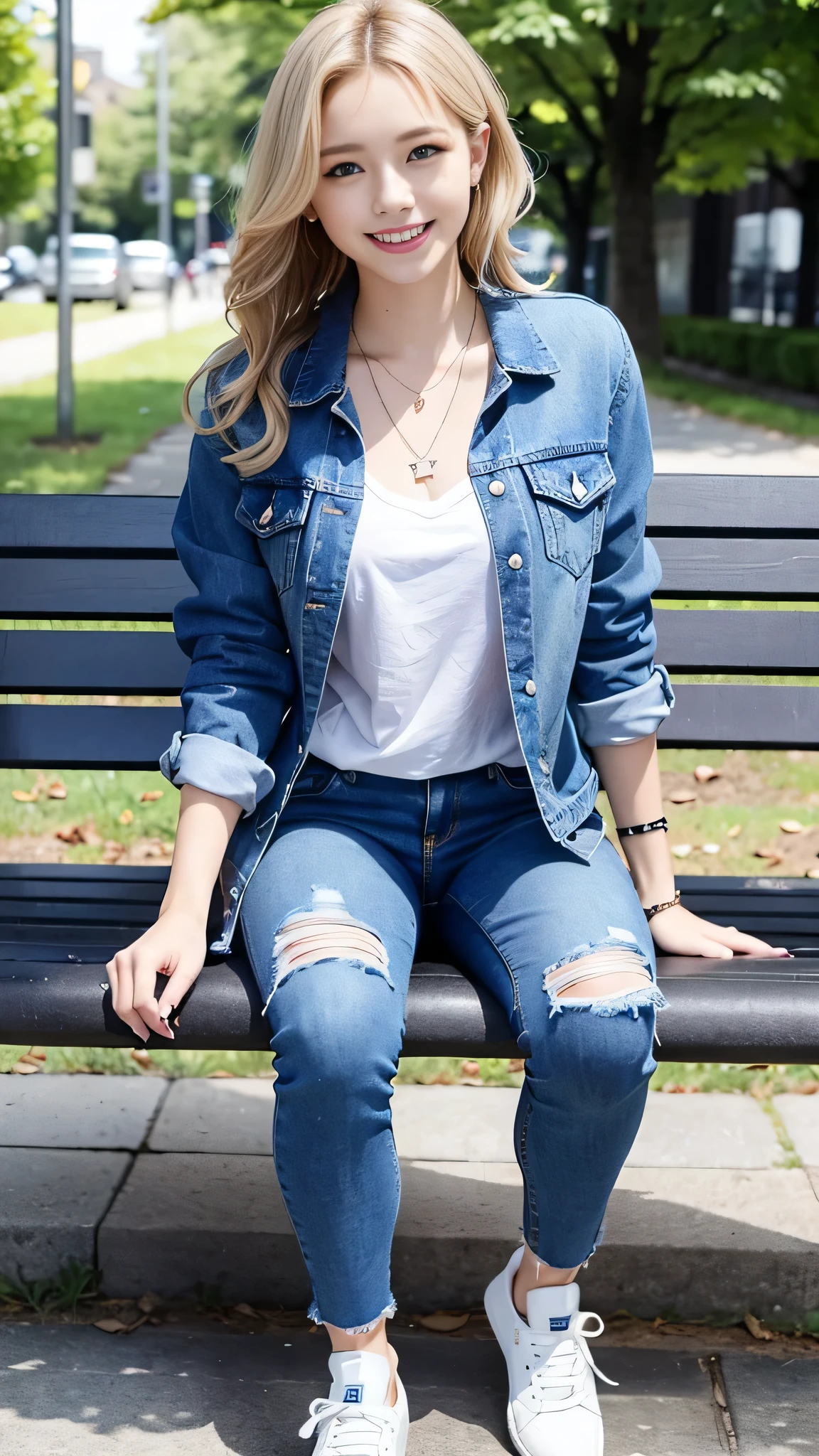 Super Resolution、Clear French woman、Full body photo、sitting on a park bench、Blonde Hair、blue eyes、Short Haircut、Wavy Hair、Ear piercing、、necklace、Denim jacket、shirt、Skinny jeans、sneakers、I'm wearing black socks.、smile、Beautiful teeth alignment
