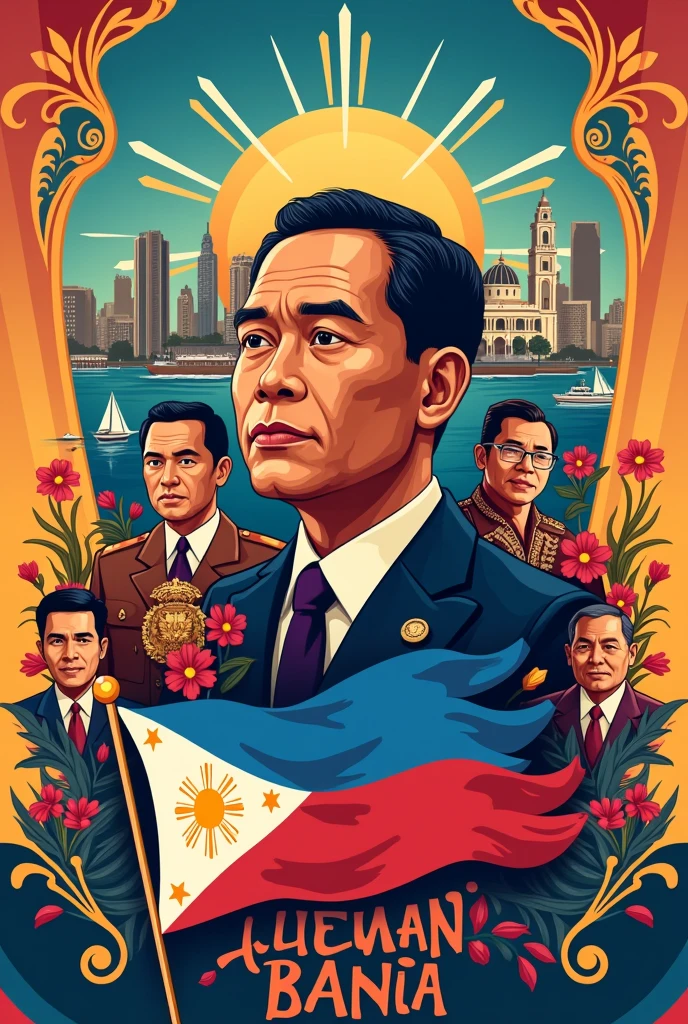 Create a cinematic poster about empowering filipino language and literature, also the flag of the Philippines and also put a symbol of peace, knowledge, and might of the filipinos. Also add some renowned filipino poets like dr. Jose Rizal staring up to the sky, and add the text "Buwan ng Wika 2024)