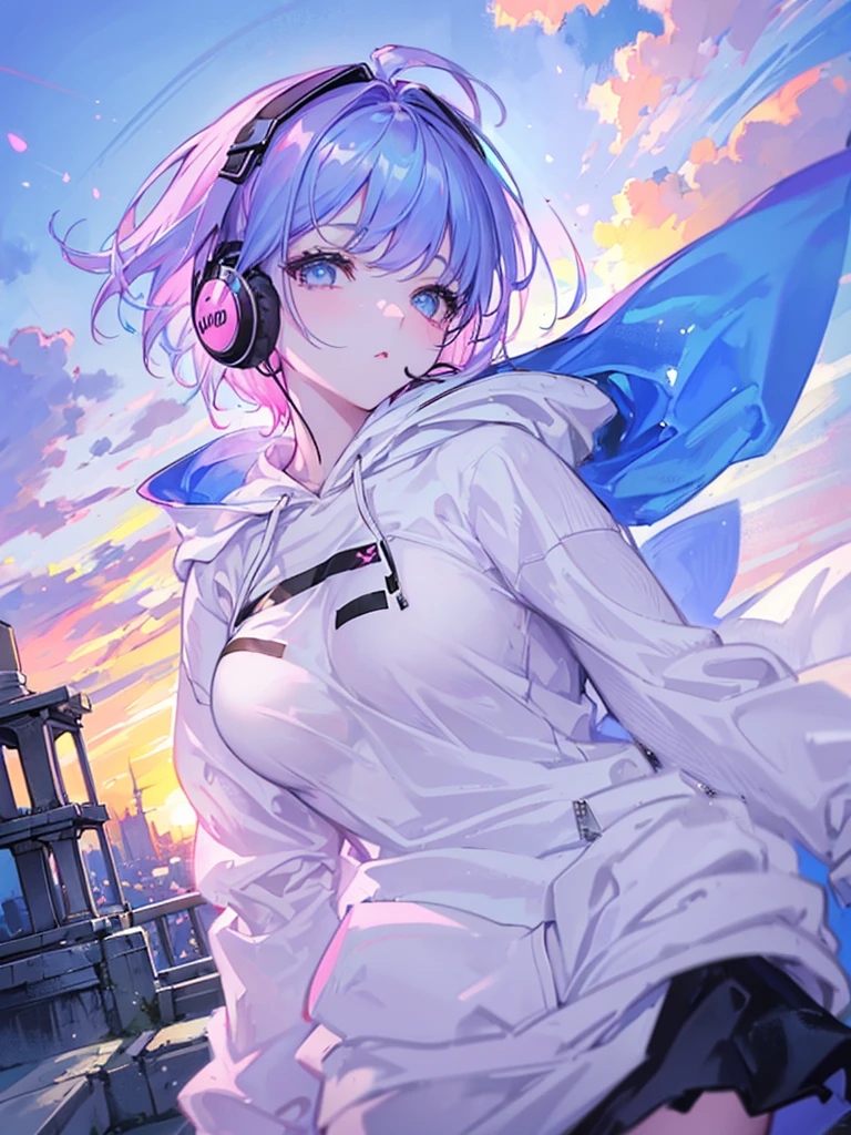 masterpiece, Highest quality, One Girl, Pink and inner color is blue hair, Mouth closed,, View your audience, , short hair, Sunset alone, Upper Body, ((Wearing a plain white hoodie)) 、((White headphones worn on ears)),moderate bust、German descent、Urban Background,Large Breasts,1 girl,Sparkling Eyes