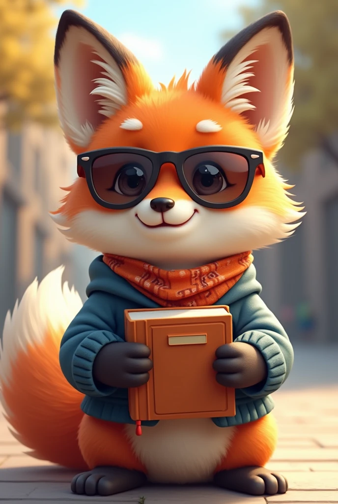 Create me a characteristic pet: that it is a tender and intelligent animal that wears a bandana and sunglasses that is cute and is a university student that wears university clothes and has a not very heavy book in its hand and is a little tender with a full body, it is okay for it to be a little fox