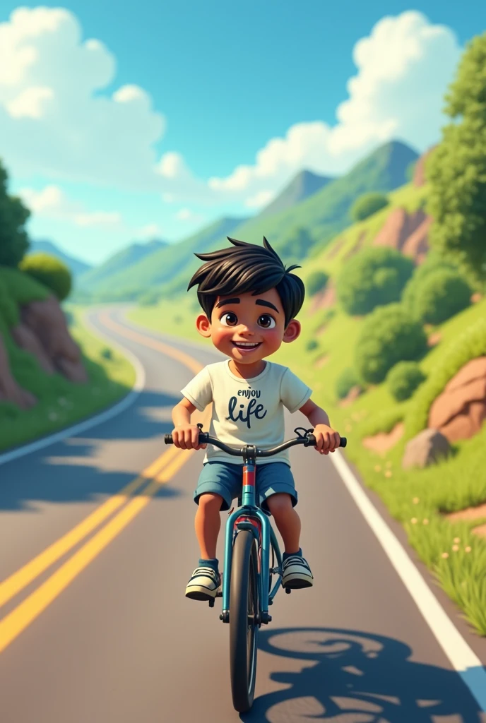 1 boy travel on the cucle his name is yogesh written on the t shirt, back side text enjoy life 2d cartoon background is highway