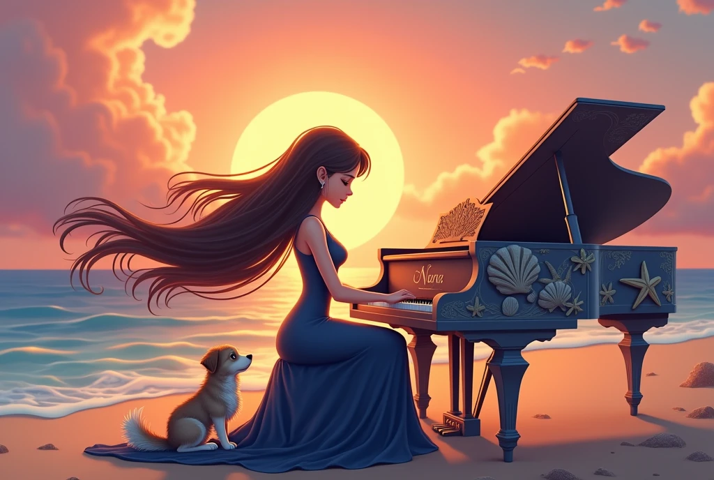 A warm, fantasy cartoon-style scene featuring a serene woman playing the piano on a peaceful beach at sunset. The woman, with her long hair gently flowing in the ocean breeze, wears an elegant, navy blue dress that flows gracefully around her. The piano, adorned with delicate seashell and starfish designs, has the name 'Nura' beautifully engraved in a flowing, ornate script on its front. Her loyal dog, a fluffy companion, sits beside her, gazing up with love and contentment. The sky is a stunning blend of pink, orange, and purple hues as the sun sets, casting a soft, golden glow over the scene, creating a magical, tranquil atmosphere.