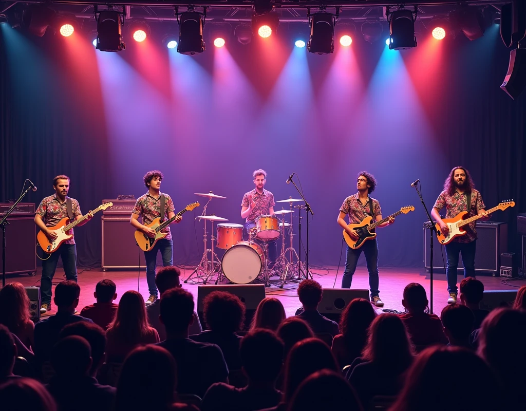many audience watching stage concert, The Floral Shirts, 5 college teen male total (3 guitar 1 keyboard, 1 drummer), people far away