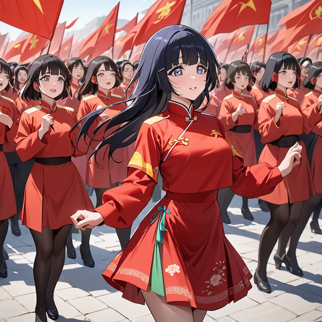 ((Highest quality)), ((masterpiece)), (detailed), (Perfect Face)、The woman is Aoki Reika, has medium-long hair and is a member of the Chinese Communist Party.、A woman wears a Chinese Communist Party folk dance costume and performs Chinese folk dance for China with female members at a Communist Party rally.