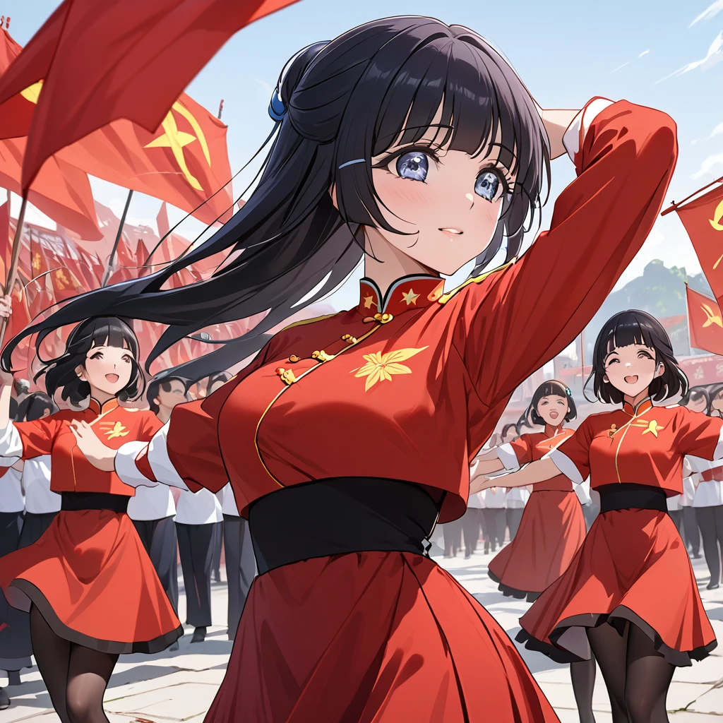 ((Highest quality)), ((masterpiece)), (detailed), (Perfect Face)、The woman is Aoki Reika, has medium-long hair and is a member of the Chinese Communist Party.、A woman wears a Chinese Communist Party folk dance costume and performs Chinese folk dance for China with female members at a Communist Party rally.