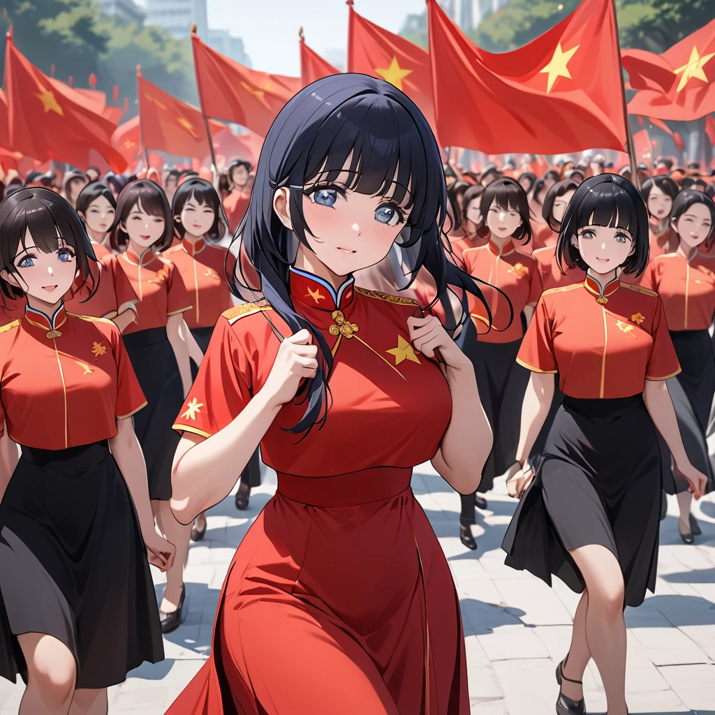 ((Highest quality)), ((masterpiece)), (detailed), （Perfect Face）、The woman is Aoki Reika, has medium-long hair and is a member of the Chinese Communist Party.、A woman wears a Chinese Communist Party folk dance costume and performs Chinese folk dance for China with female members at a Communist Party rally.