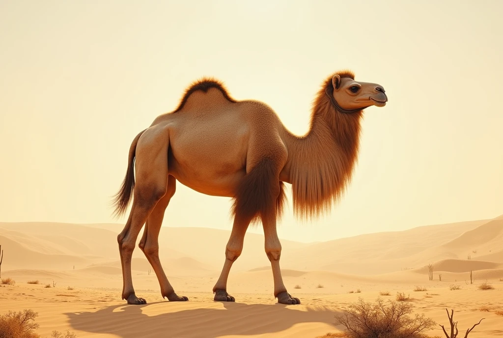 Create a captivating, hyper-realistic, AI-generated artwork of a camel in a desert landscape. The camel should be depicted standing or walking across the vast, sandy expanse, showcasing its distinctive features, such as its long legs, hump, and rugged coat. Capture the detailed texture of the camel’s fur and the unique contours of its body.

The scene should reflect the stark beauty of the desert, with expansive dunes, a clear sky, and a few scattered desert plants like cacti or small shrubs. Include details such as the shifting sands, gentle ripples in the dunes, and the warm, golden tones of the desert environment.

Use natural, earthy colors to depict the camel and its surroundings, highlighting the contrast between the camel’s sandy fur and the rich, golden hues of the desert. The lighting should be bright and harsh, mimicking the intense sunlight of the desert, with strong shadows and highlights that enhance the textures and details of the scene.

The style should be hyper-realistic yet artistic, focusing on the camel’s majestic presence and the expansive, rugged beauty of the desert. The final artwork should be high-resolution and visually striking, capturing the strength and solitude of the camel in its natural desert habitat.