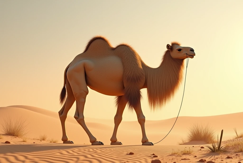 Create a captivating, hyper-realistic, AI-generated artwork of a camel in a desert landscape. The camel should be depicted standing or walking across the vast, sandy expanse, showcasing its distinctive features, such as its long legs, ????, and rugged coat. Capture the detailed texture of the camel’s fur and the unique contours of its body.
The scene should reflect the stark beauty of the desert, with expansive dunes, a clear sky, and a few scattered desert plants like cacti or small shrubs. Include details such as the shifting sands, gentle ripples in the dunes, and the warm, golden tones of the desert environment.
Use natural, earthy colors to depict the camel and its surroundings, highlighting the contrast between the camel’s sandy fur and the rich, golden hues of the desert. The lighting should be bright and harsh, mimicking the intense sunlight of the desert, with strong shadows and highlights that enhance the textures and details of the scene.
The style should be hyper-realistic yet artistic, focusing on the camel’s majestic presence and the expansive, rugged beauty of the desert. The final artwork should be high-resolution and visually striking, capturing the strength and solitude of the camel in its natural desert habitat.