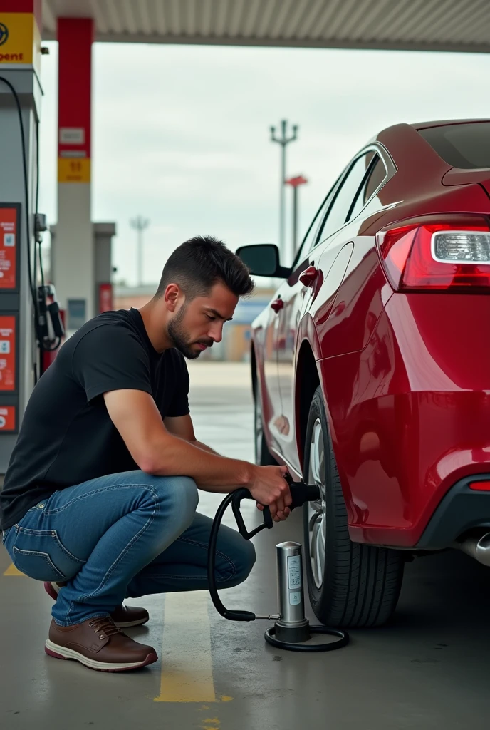 Young, muscular, shirtless mixed-race gas station attendant, Red cap, red sweatpants, black boot, sweating hard, filling up a car's tank.