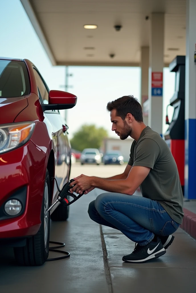 photo of a guy pumping up the tires of a red car at a gas station