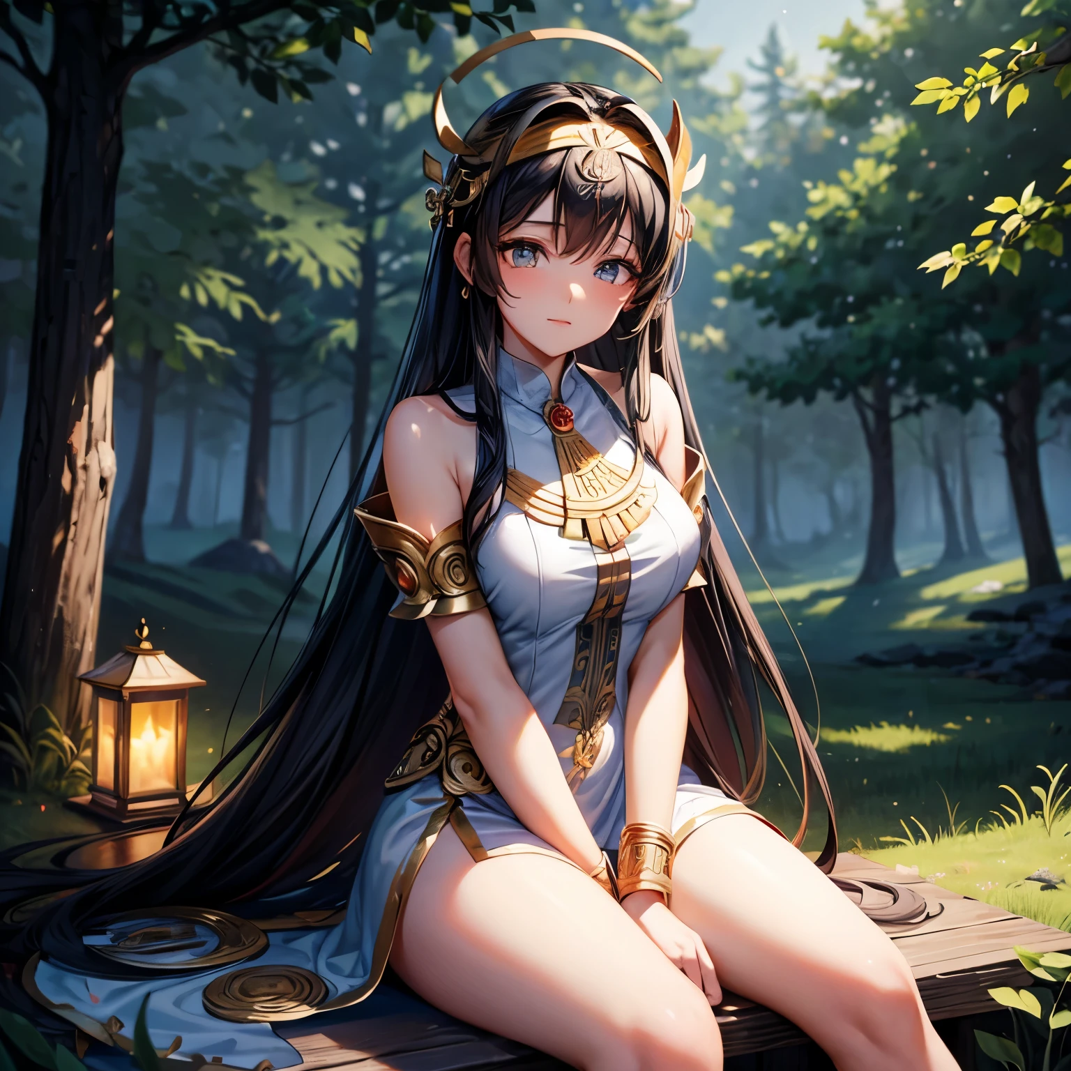 (masterpiece, best quality), 1 Girl(Athena_Assamese), Cute dress, Black long hair, sit, Beautiful outdoor background, night, forest