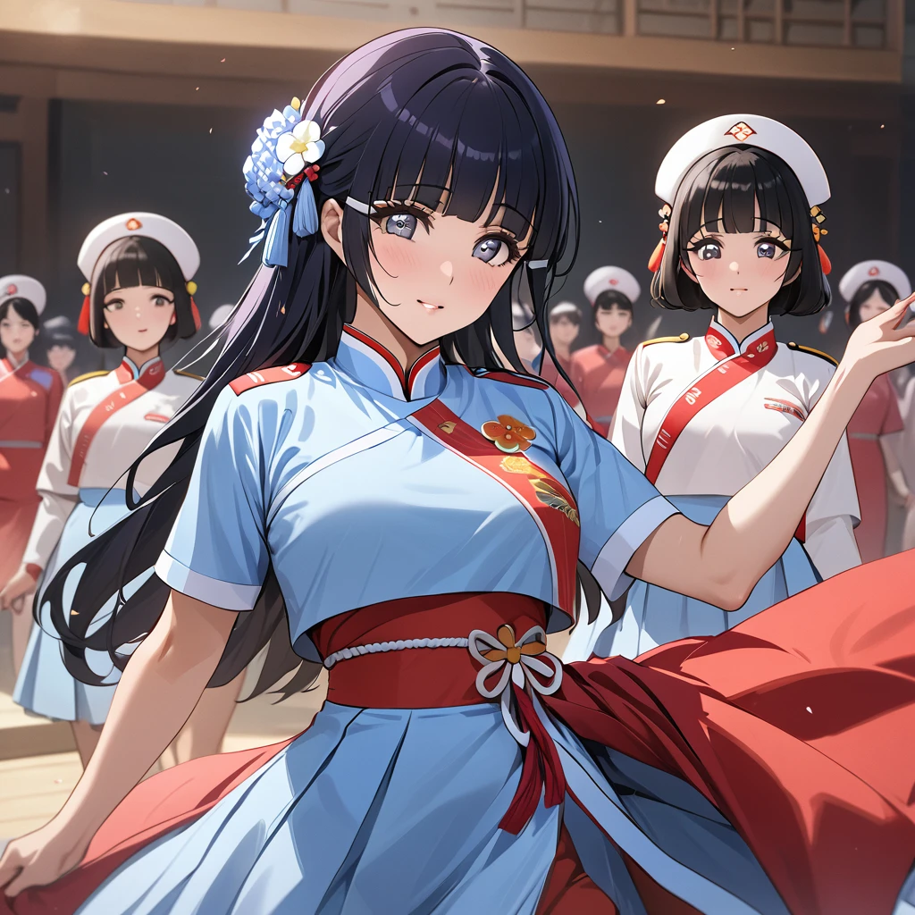 ((Highest quality)), ((masterpiece)), (detailed), (Perfect Face)、The woman is Reika Aoki with semi-long hair、The woman is a member of the North Korean Pleasure Squad and is dressed in North Korean national costume and performing a dance for the general.