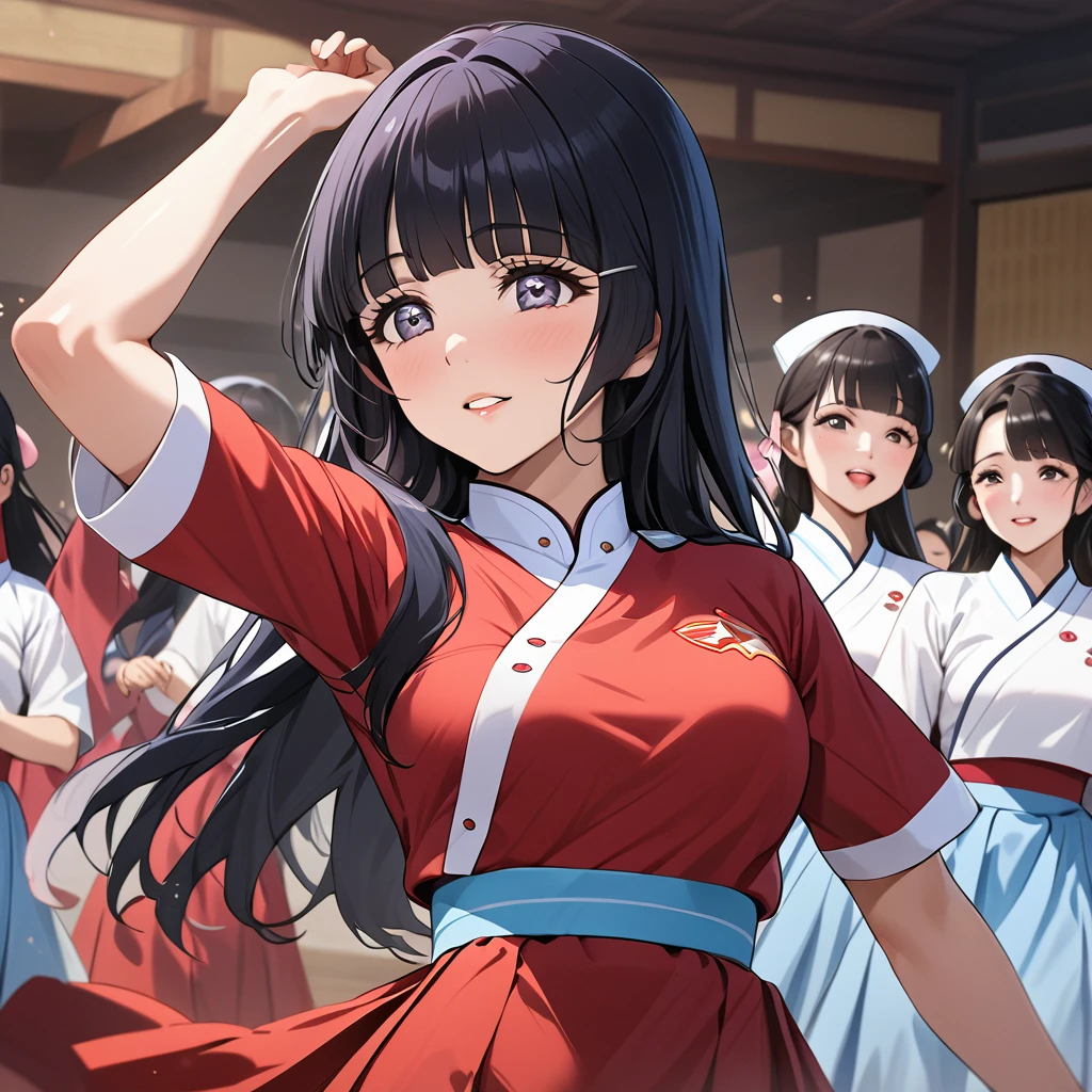 ((Highest quality)), ((masterpiece)), (detailed), (Perfect Face)、The woman is Reika Aoki with semi-long hair、The woman is a member of the North Korean Pleasure Squad and is dancing for the General, wearing the attractive North Korean traditional traditional Korean dress.