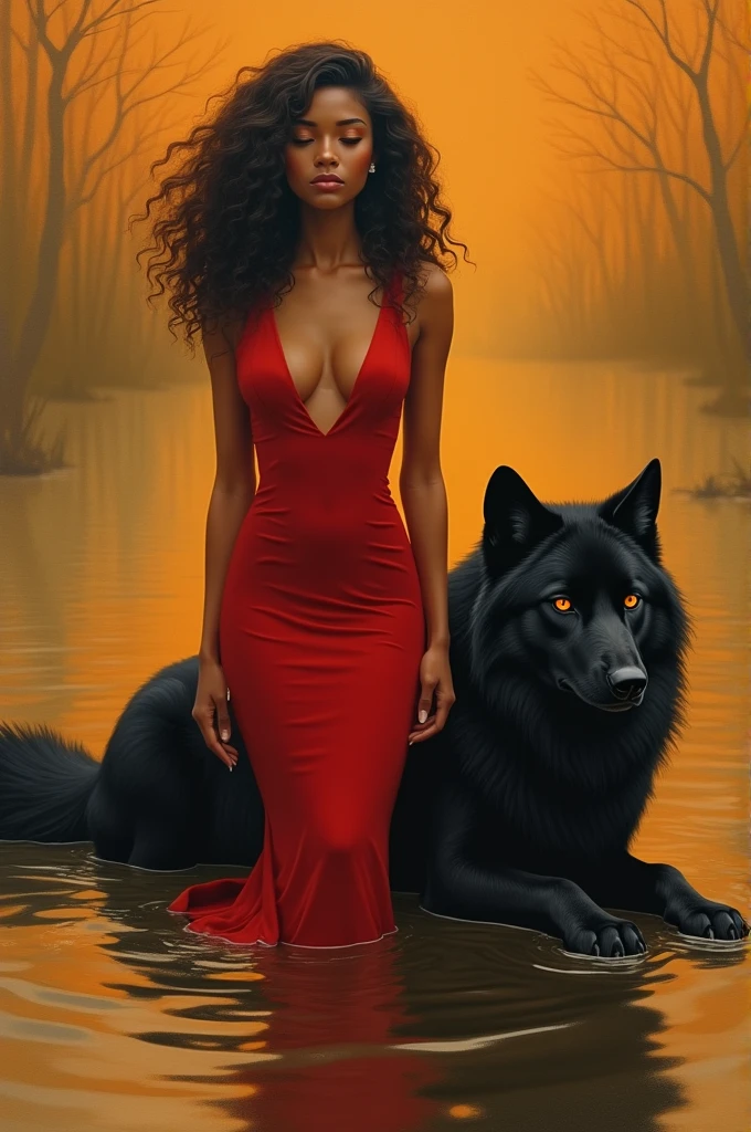 Spawns a woman with very dark brown wavy hair and closed eyes who is in the water with a black wolf with orange eyes, amber. She stands next to the lying wolf. The woman is wearing a bright red dress that hugs her mixed-race skin... The dress is long. L'image is made at'oil of'art.