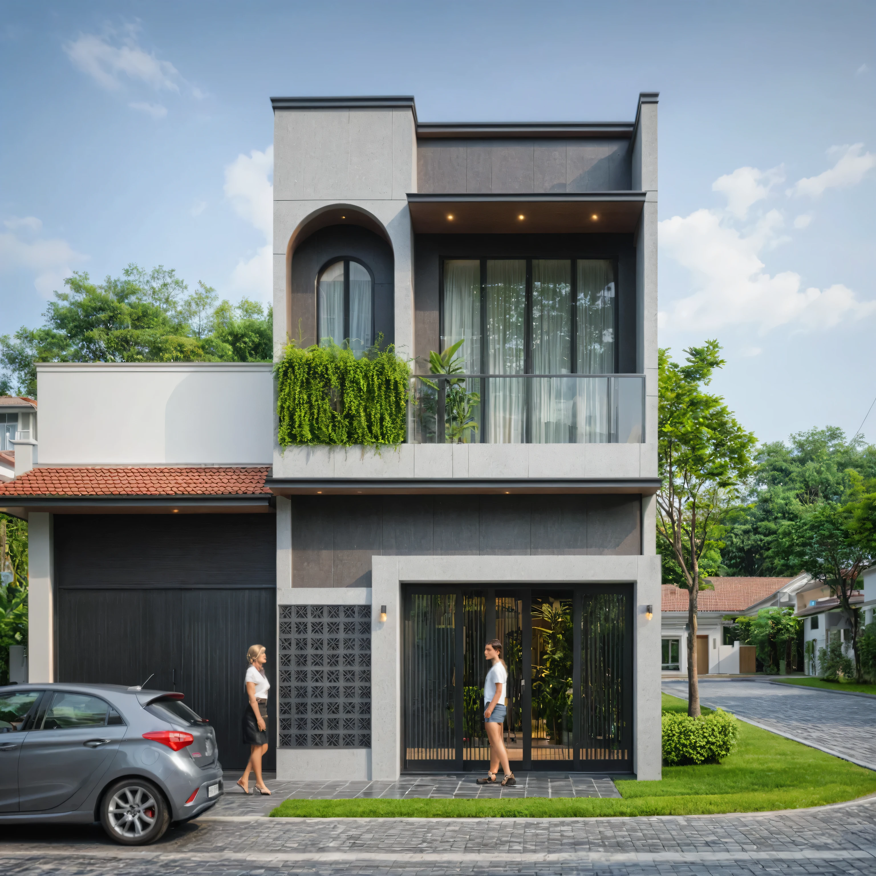 modern villa on street, (daylight), tropical tree, green shrub and plants, vivid color, streetcapes, minimalist design, brigth grey tone, large glass door, warm interior lighting, modern material, best quality, ultra realistic, masterpiece, 17ArchiAI_XL_VL-v1
