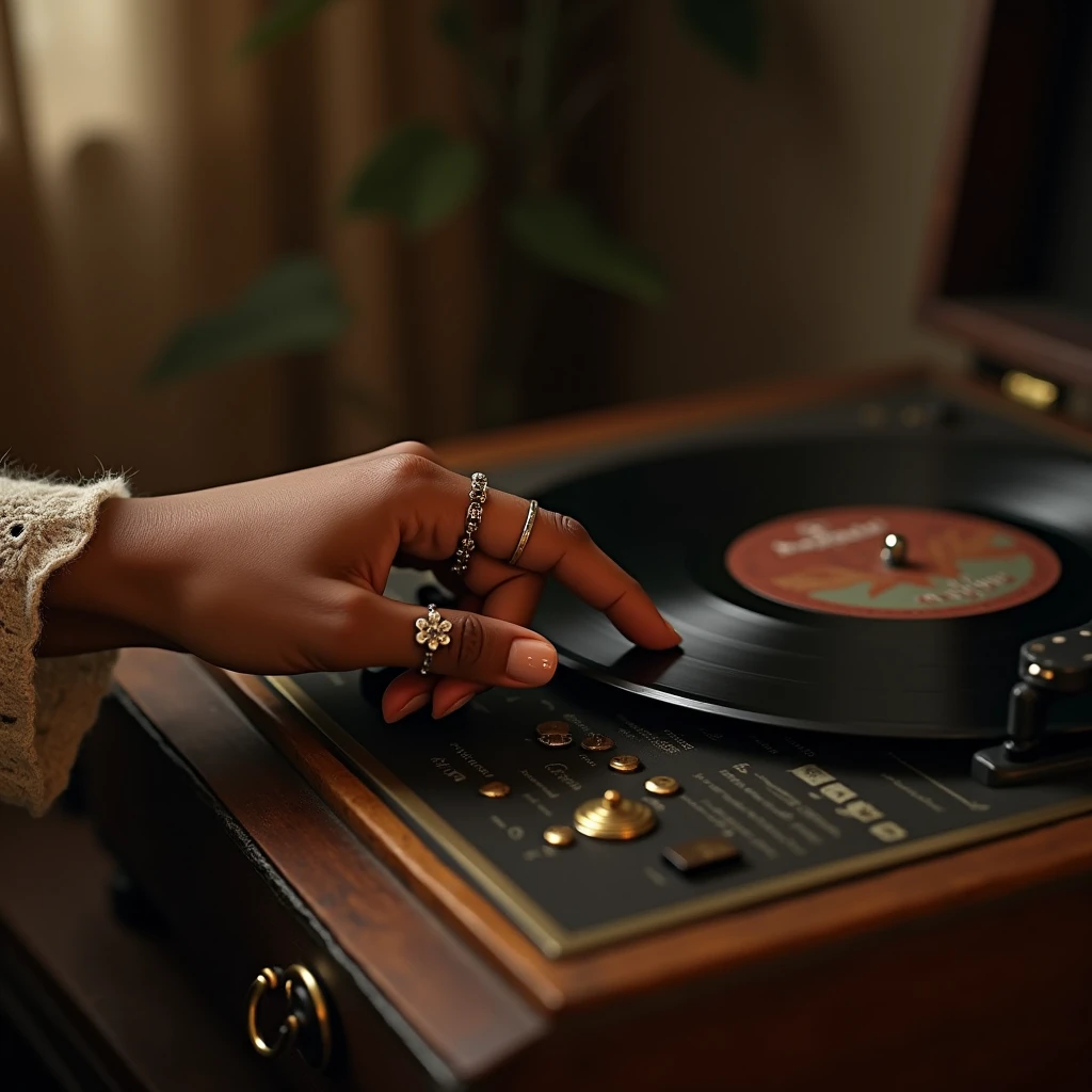 A black girl's finger pressing play on an old music player, beautiful finger nail, rings, antique