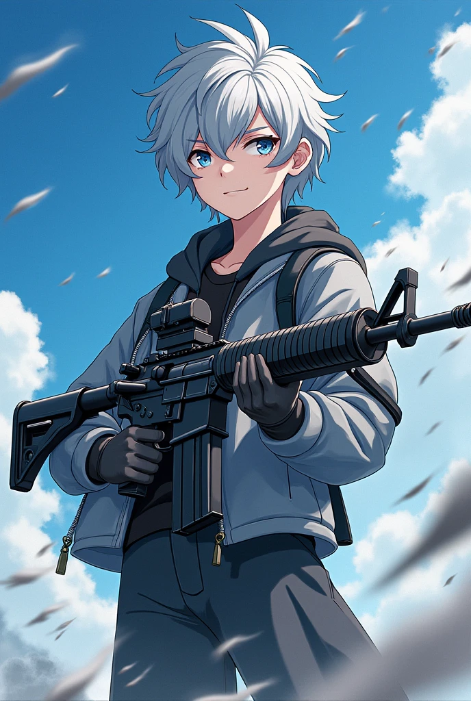 、Assault rifle、youth、Controlling the Wind、anime、Silver Hair、1、Height: 170cm、Fashionable clothes、neutral、Shota、cool、Beloved character、Fearless smile、strongest、looks strong、