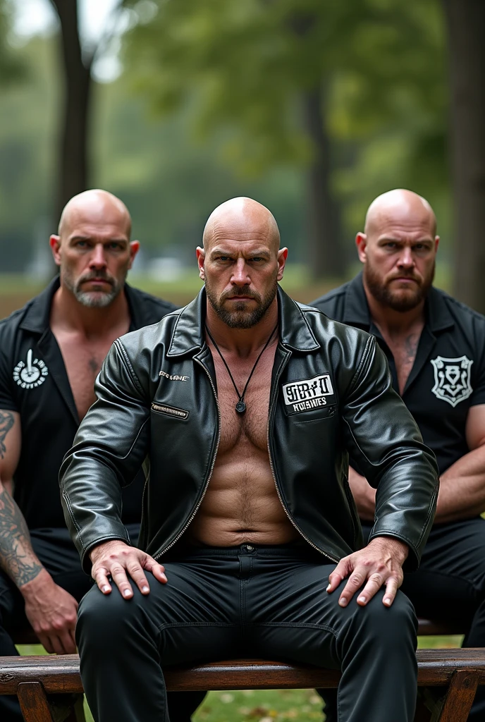 3 body builder white bald men wearing unbuttoned black shirt with white prints and black leather jacket with logos in park on bench