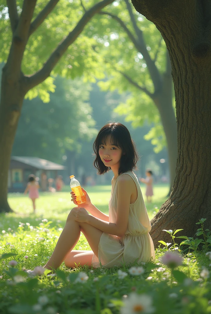 High resolution、Very detailed、「bright summer day、A 20-year-old Japanese woman with slightly wavy hair., Straight black hair、Sit in one'大きなwood陰の下の膝。Wearing a light summer dress、Drinking from a plastic bottle with one hand。The woman was sitting with her knees raised、Looking at the camera and blushing。wood々The sunlight passing through、Casting light and shadow on women.。Children play in the surrounding park.、Leaves fluttering in the wind。Dynamic and peaceful scene、It captures the essence of a perfect summer afternoon..。50mm lens for SLR cameras、1 1 1.8 in、Exciting、Cinematic、strong、artistic、Attractive photography、The photo captures a bewitching woman。A soft style for the whole body.」