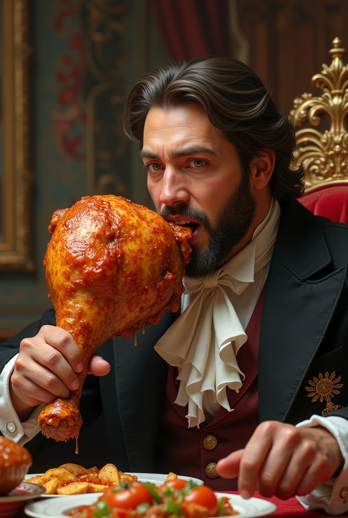 a prince eating a giant, super juicy chicken leg