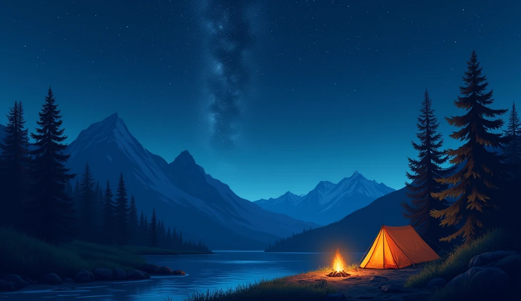 A peaceful nighttime scene with a cozy campsite set under a vast, starry sky. A small tent is nestled among tall trees, with a glowing campfire in front, casting warm light on the surroundings. The sky above is clear, filled with countless bright stars, some of them forming constellations. The silhouettes of mountains can be seen in the distance, and a gentle river flows nearby, reflecting the starlight. The mood is tranquil and serene, perfect for a night spent under the stars.