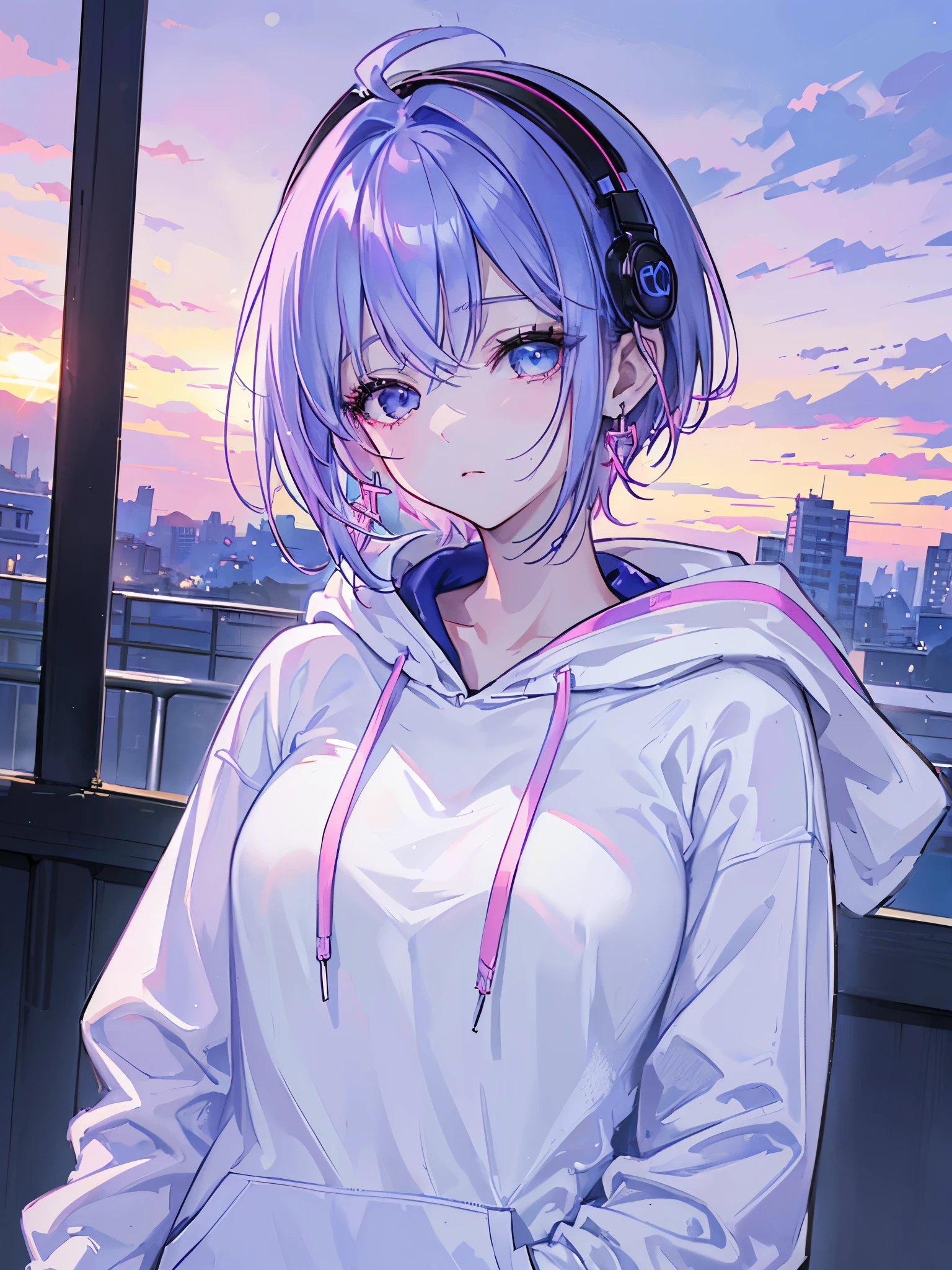 masterpiece, Highest quality, One Girl, Pink and inner color is blue hair, Mouth closed, Earrings, have, hoop 、 jewelry, View your audience, shirt, short hair, Sunset alone, Upper Body, ((Wearing a plain white hoodie)) 、((White headphones worn on ears)),moderate bust、German descent、Urban Background,Large Breasts,1 girl,Sparkling Eyes