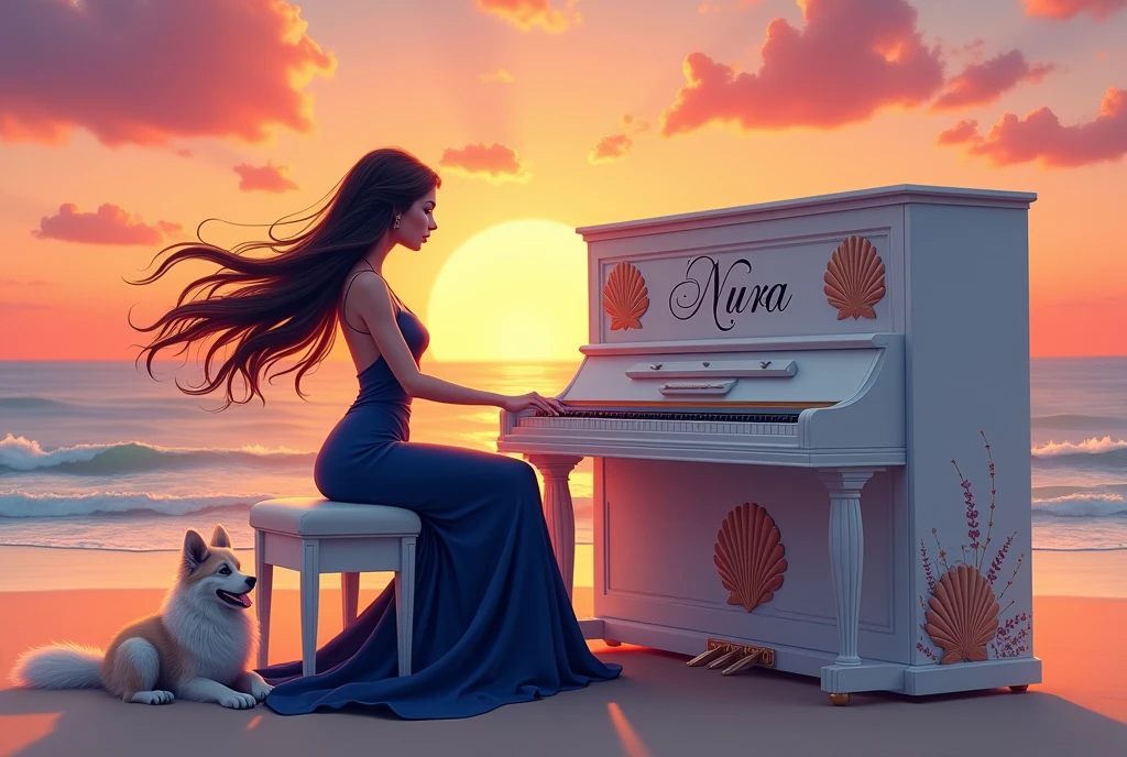 A warm, fantasy cartoon-style scene featuring a serene woman playing the piano on a peaceful beach at sunset. The woman, with her long hair gently flowing in the ocean breeze, wears an elegant, navy blue dress that flows gracefully around her. The piano, adorned with delicate seashell and starfish designs, has the name 'Nura' beautifully engraved in a flowing, ornate script on its front. Her loyal dog, a fluffy companion, sits beside her, gazing up with love and contentment. The sky is a stunning blend of pink, orange, and purple hues as the sun sets, casting a soft, golden glow over the scene, creating a magical, tranquil atmosphere.
