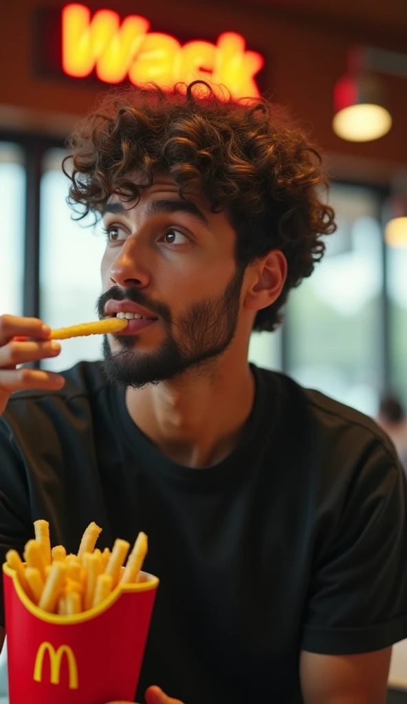 (masterpiece, best quality:1.2), (detailed, hyper-detailed, 8K HD, ultra-realistic:1.3), a close-up shot of a young man wearing a black T-shirt, with curly hair and a beard as seen in the provided image. The setting is a commercial for the fast-food restaurant "Wack," with a logo resembling McDonald's but featuring a "W". The man is holding a bag of fries with the "W" logo on it, and he is about to bring a fry to his mouth with his hand. The focus is on his face, capturing the moment filled with anticipation. The background features the warm and inviting lighting of a modern fast-food restaurant, with the "Wack" branding clearly visible. Emphasize the details of the scene, maintaining the expression and features faithful to the provided image. The image should be rendered in ultra-high resolution, with RAW photo quality, bringing out the details of the scene.
