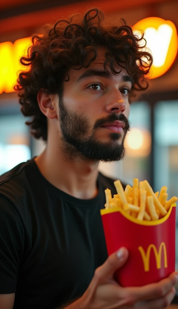 (masterpiece, best quality:1.2), (detailed, hyper-detailed, 8K HD, ultra-realistic:1.3), a close-up shot of a young man wearing a black T-shirt, with curly hair and a beard as seen in the provided image. The setting is a commercial for the fast-food restaurant "Wack," with a logo resembling McDonald's but featuring a "W". The man is holding a bag of fries with the "W" logo on it, and he is about to bring a fry to his mouth with his hand. The focus is on his face, capturing the moment filled with anticipation. The background features the warm and inviting lighting of a modern fast-food restaurant, with the "Wack" branding clearly visible. Emphasize the details of the scene, maintaining the expression and features faithful to the provided image. The image should be rendered in ultra-high resolution, with RAW photo quality, bringing out the details of the scene.
