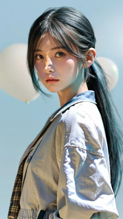 (masterpiece), (Highest quality), (Super detailed),(Disheveled Hair),(figure), (One girl), (Fashionable clothes), Are standing, Fashion Model, View your viewers, (interview), (Simple Background),Beautiful attention to detail, Delicate and beautiful face, floating,(High saturation),(Colorful splashes),Colorful Bubbles,(The Shining), Focus on the face, ponytail, kamisato ayaka, Light blue hair, bangs, Hair Ring, Floating Flowers, Floating hair, (The Shining), Best lighting, Best Shadow,