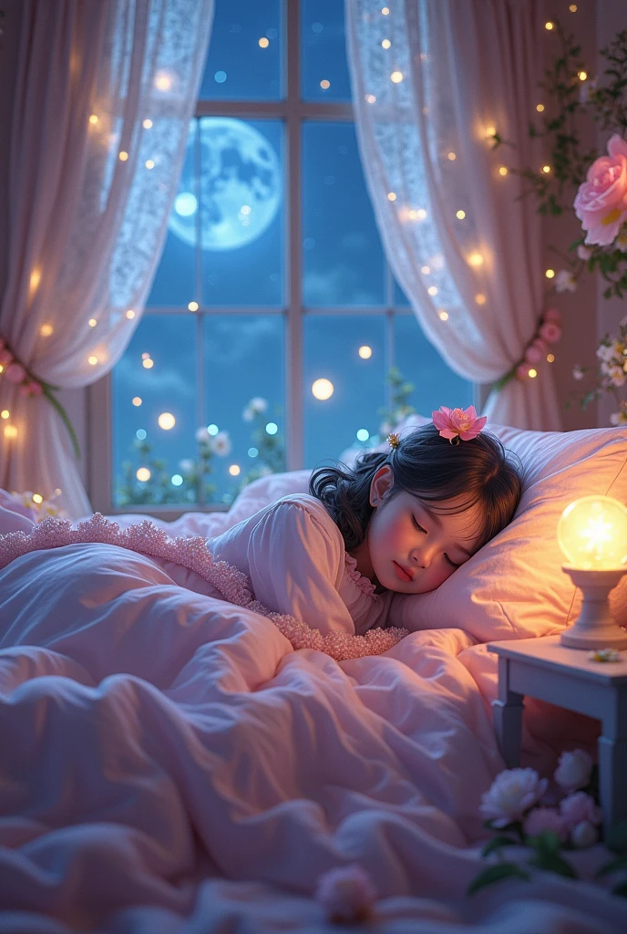 Pink fantasy room, at night 
