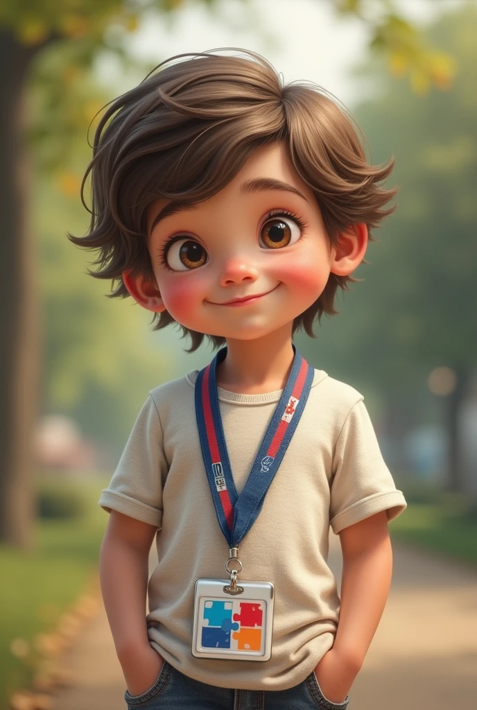 child wearing autism identification lanyard,
