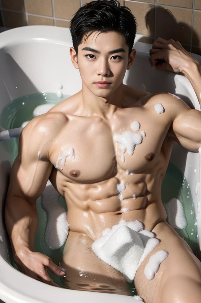 aiden,1 Asian muscular male, lying in the bathtub, filled with a lot of soap foam in bathtub, his half under body part is under the soap foam