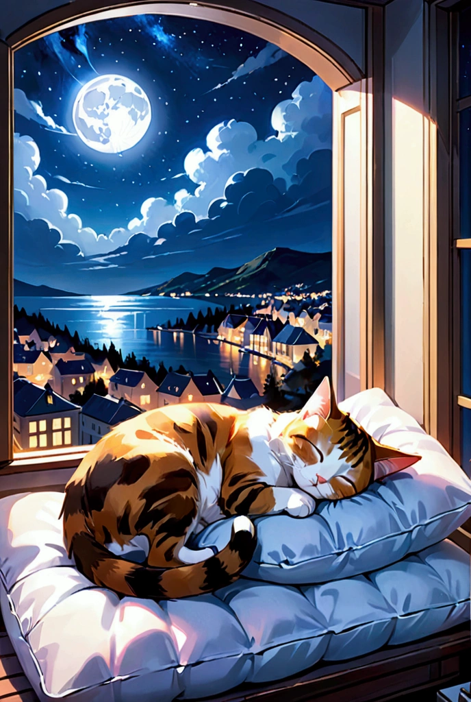 Cat sleeping on a pillow, ,Windows with a beautiful view, Night Sky, moon