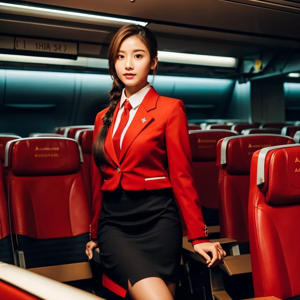 A gorgeous Thai woman with brown hair and brown skin stands confidently in an airplane aisle, dressed in a sleek, tailored red blazer paired with a white blouse and a knee-length red skirt. Her hair is neatly tied back in a ponytail, and she wears polished black heels. The background shows rows of airplane seats under soft overhead lighting, as she holds a safety demonstration card, exuding professionalism and warmth.