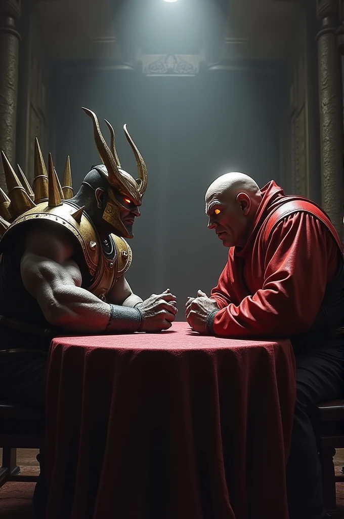 Shao Khan e Mr. Bison sitting at a table talking