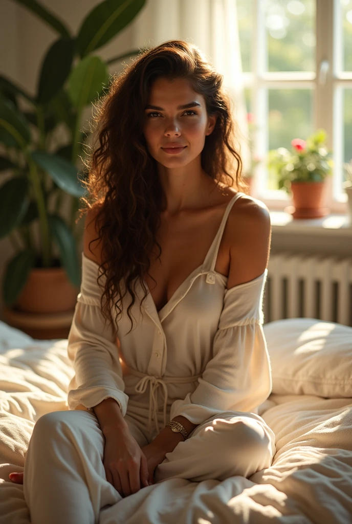 (photorealism:1.2), beautiful woman, sitting on bed, wearing loose off-shoulder top, pajama pants, long curly hair, indoors, soft lighting, plants in background, window with sunlight, cozy room, relaxed pose, realistic, intricate details, warm colors, by Greg Rutkowski, by Alphonse Mucha