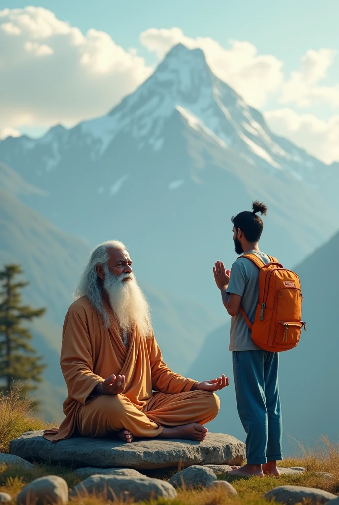 A beard man with age 70 doing yoga in front of a mountain, wise old indian guru, yoga meditation pose, standing pose on stones. A 30 years young Indian man is standing and namaskar to the 70 years old man. 30 years young Indian man wears grey t-shirt, blue pant, wears orange colour bag, his height is 5'9 feet, he don't wear any shoes, he has small ponytail 