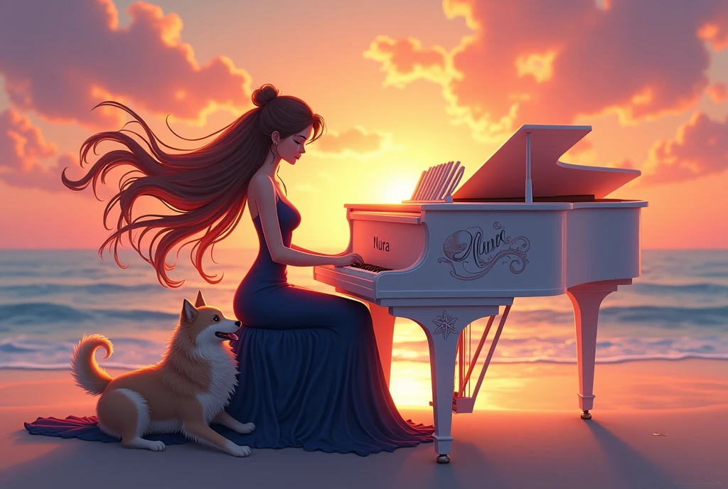 A warm, fantasy cartoon-style scene featuring a serene woman playing the piano on a peaceful beach at sunset. The woman, with her long hair gently flowing in the ocean breeze, wears an elegant, navy blue dress that flows gracefully around her. The piano, adorned with delicate seashell and starfish designs, has the name 'Nura' beautifully engraved in a flowing, ornate script on its front. Her loyal dog, a fluffy companion, sits beside her, gazing up with love and contentment. The sky is a stunning blend of pink, orange, and purple hues as the sun sets, casting a soft, golden glow over the scene, creating a magical, tranquil atmosphere.