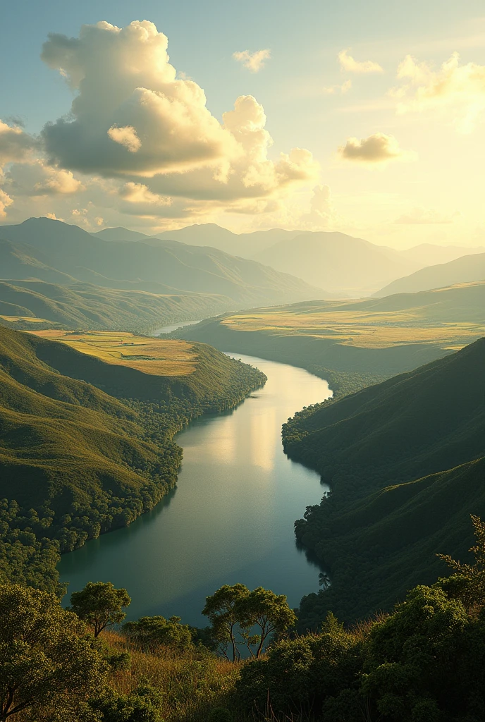 beautiful landscape wide plain Cauca Valley Colombia with a large river
