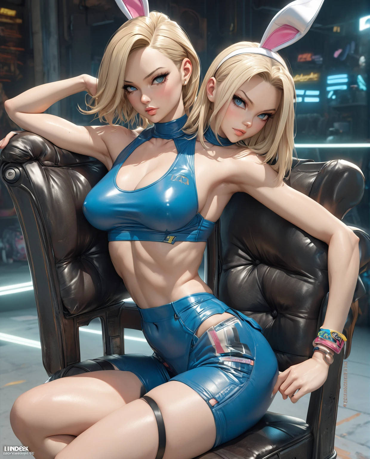 Arafed woman in a blue shirt and black panties sitting on a chair, lindosexyrobutts, Android 18, pose sexy, very pose sexy, shiny skin, cyberpunk 2 0 years. o model girl, Cammy, Lola Bunny Fanart, hyperreal rendering, Hyperrealistic 3D rendering, Photorealistic perfect body, Sexy dominant pose, Ultra realistic image