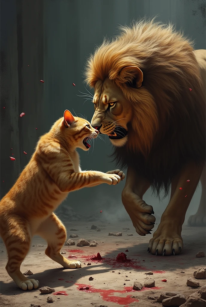Cat vs lion in a bossing. Cat die