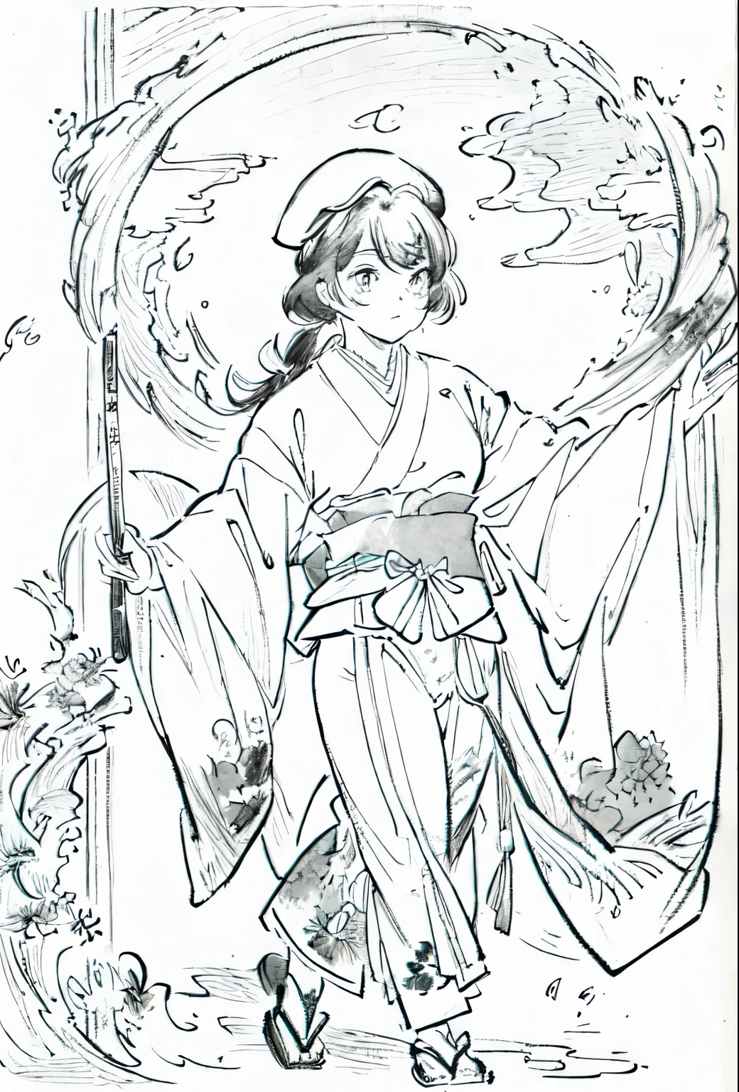 A painting of a costumed woman holding a hat and a walking stick, pencil and Ink Manga, by Junpei Sato, By Yuki Ogura, Beautiful line art, Pencil and ink cartoon, Masamune Shirowのスタイル, Masamune Shirow, Ink Manga, By Hideyuki Kikuchi, Very detailed fan art