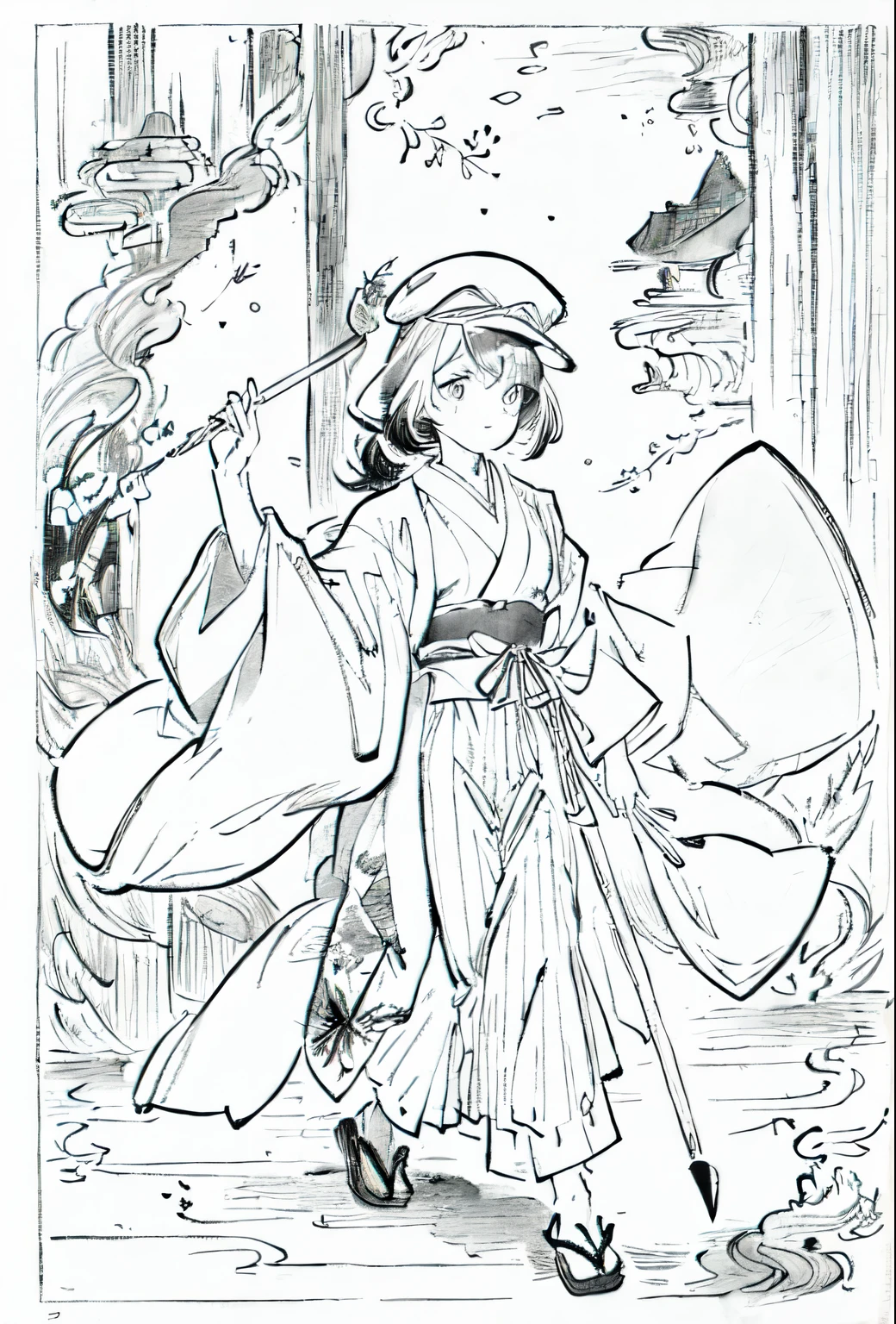 A painting of a costumed woman holding a hat and a walking stick, pencil and Ink Manga, by Junpei Sato, By Yuki Ogura, Beautiful line art, Pencil and ink cartoon, Masamune Shirowのスタイル, Masamune Shirow, Ink Manga, By Hideyuki Kikuchi, Very detailed fan art