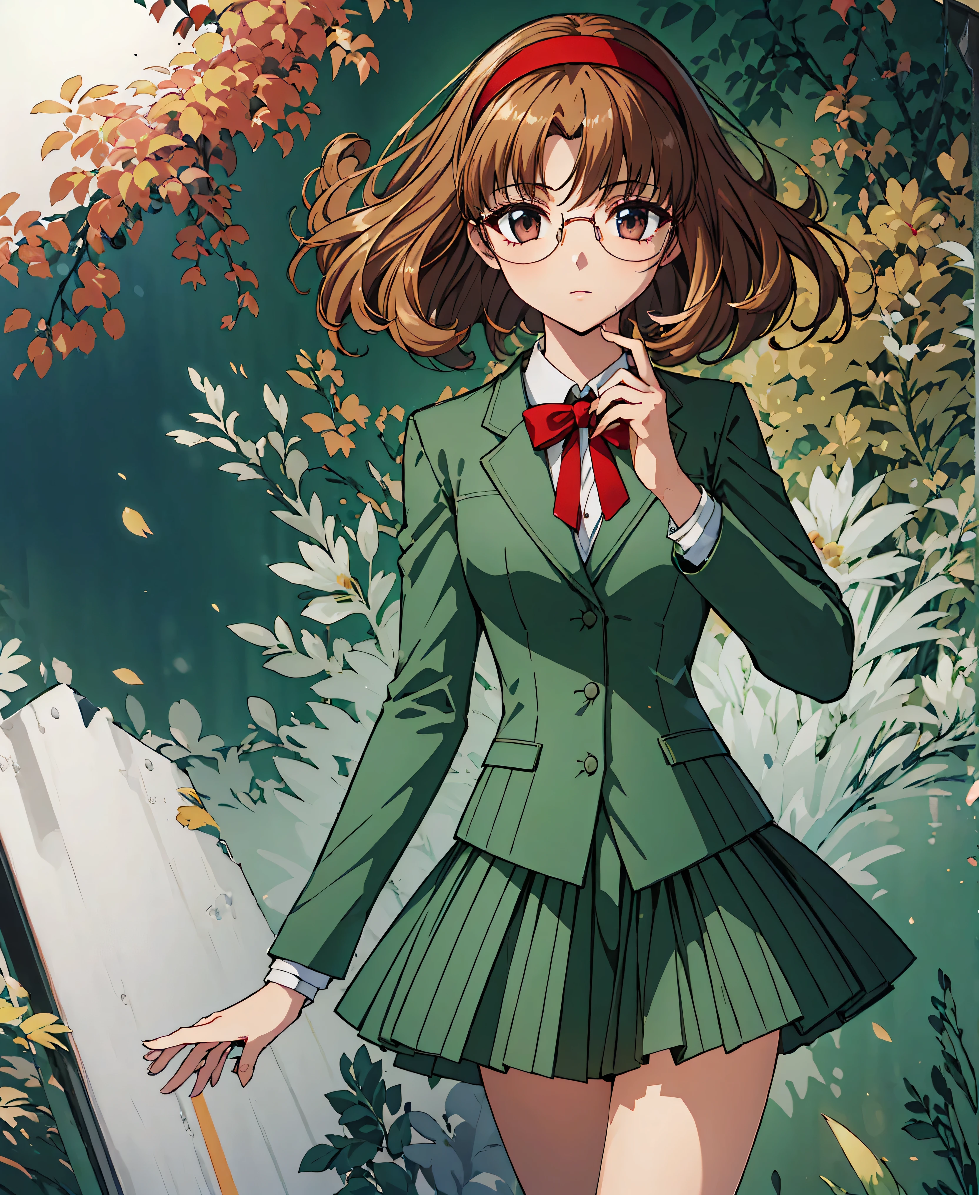 Phoenix Temple Fuu,One girl,short hair,Light brown hair,Glasses,((Red Hairband)),Green blazer,mini skirt,masterpiece,Noise Reduction,Perfect Anatomy,High resolution, Very detailed,Game CG,Dutch Angle ,Beautiful attention to detail,Visual Arts,Five Fingers, Perfect hands, Perfect lighting,