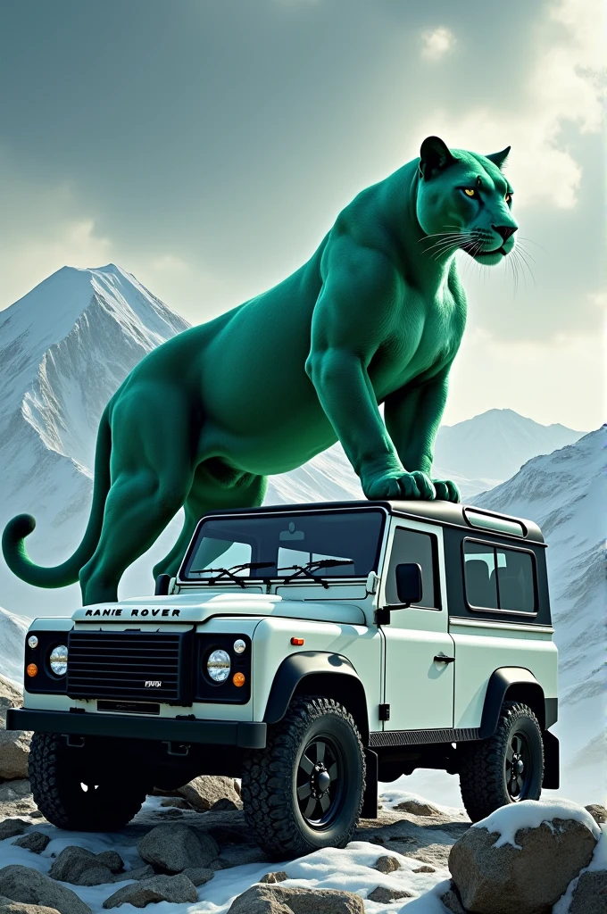 Glossy jade green muscular panther posing on top of mount fuji beside a white range rover defender with snow white mountains and blue skies with grey clouds in the background