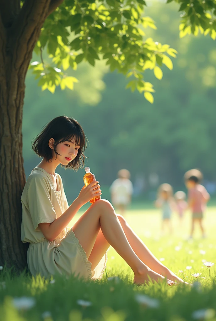 High resolution、Very detailed、「bright summer day、A 20-year-old Japanese woman with slightly wavy hair., Straight black hair、Sit in one&#39;大きなwood陰の下の膝。Wearing a light summer dress、Drinking from a plastic bottle with one hand。The woman was sitting with her knees up, facing me.、Looking at the camera and blushing。wood々The sunlight passing through、Casting light and shadow on women.。Children play in the surrounding park.、Leaves fluttering in the wind。Dynamic and peaceful scene、It captures the essence of a perfect summer afternoon..。50mm lens for SLR cameras、1 1 1.8 in、Exciting、Cinematic、strong、artistic、Attractive photography、The photo captures a bewitching woman。A soft style for the whole body.」
